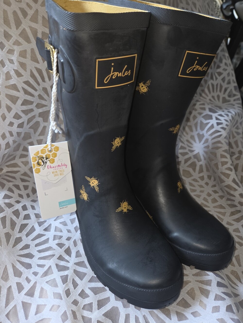 Joules Black Mid Welly Rain Boots with Gold Bee Motif - Picture 10 of 10